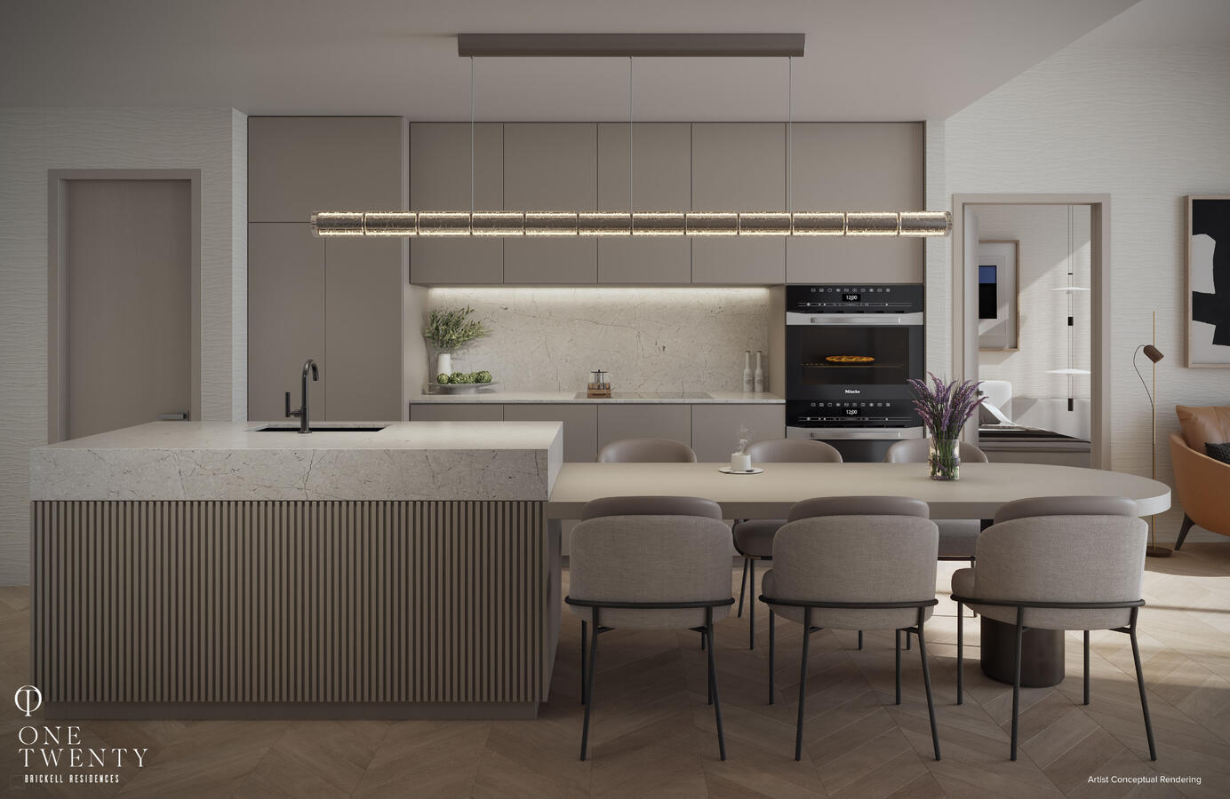 Fully-integrated Italia kitchens with custom countertops, backsplashes and a contemporary under-mount sink